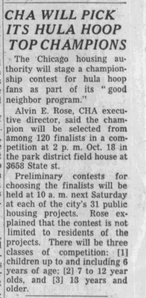 Article published in the Chicago Tribune noting the Chicago Housing Authority’s hula hoop championship contest. Chicago Tribune, October 4, 1958.