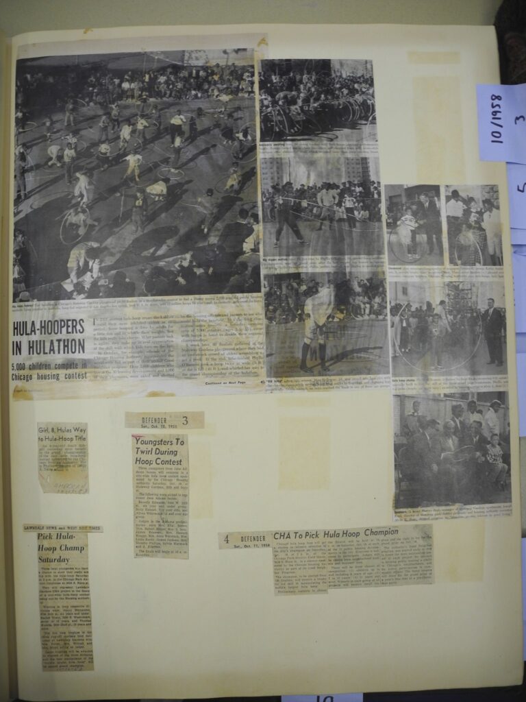 News clippings of articles and photos from various sources noting the Chicago Housing Authority’s hula hoop contests. National Public Housing Museum Archives.