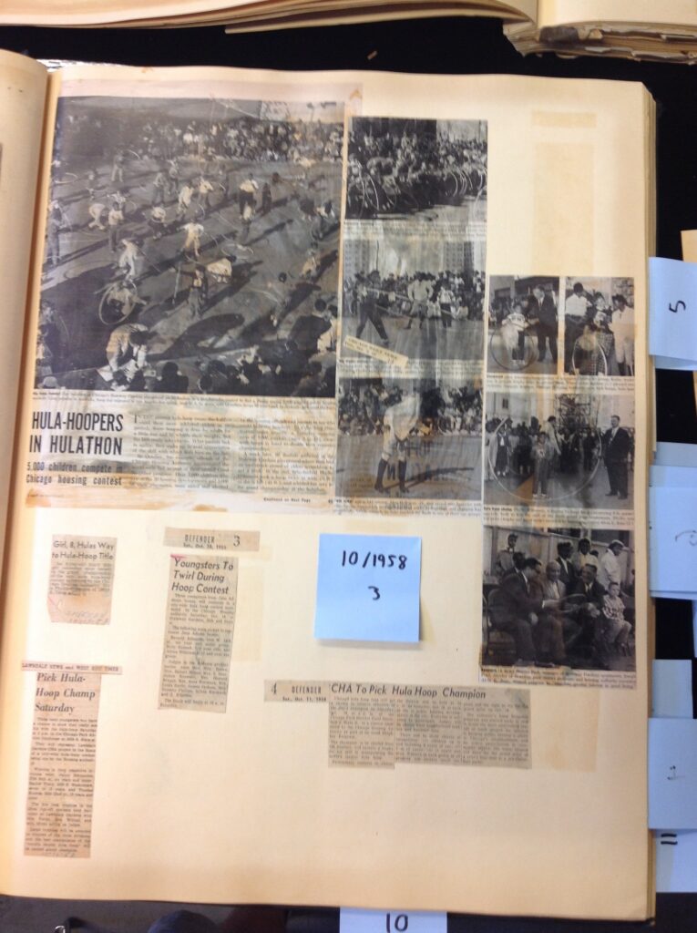 News clippings of articles and photos from various sources noting the Chicago Housing Authority’s hula hoop contests. National Public Housing Museum Archives.