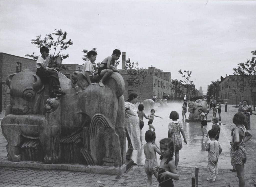 Historic photos of Edgar Miller’s Animal Court Sculptures at the Jane Addams Homes in Chicago, IL.