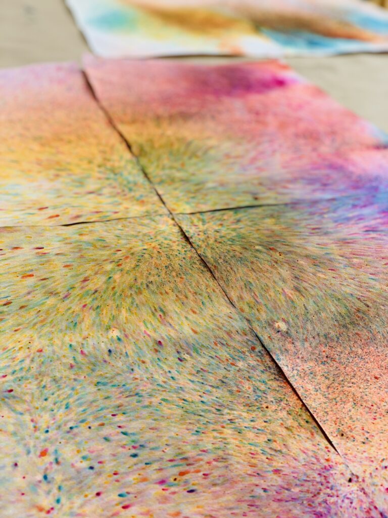 Photographs of Marisa Morán Jahn’s vibrant hand-dyed rainbow wallpaper tiles.