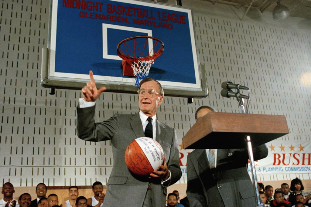 President George H.W. Bush's support for Midnight Basketball helped boost the national attention aimed at the program. In 1989, he named it one of his “thousand points of light.” Barry Thumma/AP.