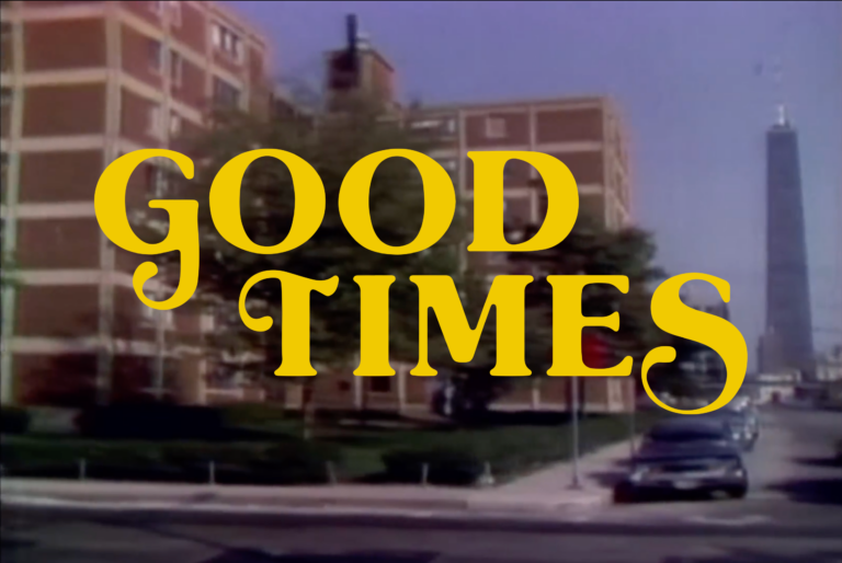 Title card for the TV show "Good Times" with a cityscape background featuring buildings and parked cars.