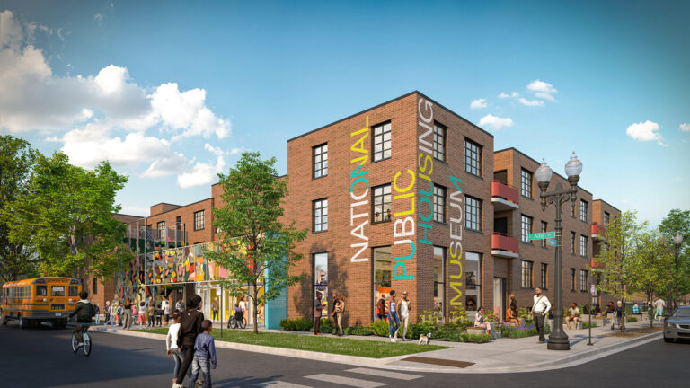 Rendering of the exterior of the new museum building, a three-story brick building with orange balconies made from historic-looking brick with “National Public Housing Museum” written on the side. A school bus is parked in front of it and people are walking on the street towards the building.