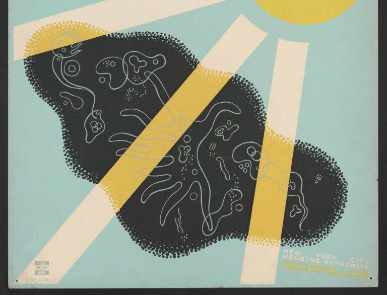 A screen-printed poster shows a black blob with squiggly lines that depict a virus or bacteria and a sun shining on towards it on a light-blue background. The text reads, “PLANNED HOUSING FIGHTS DISEASE.”