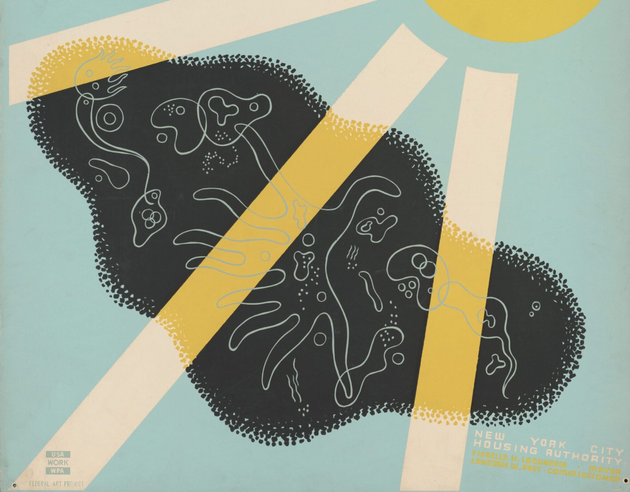 A screen-printed poster shows a black blob with squiggly lines that depict a virus or bacteria and a sun shining on towards it on a light-blue background. The text reads, “PLANNED HOUSING FIGHTS DISEASE.”