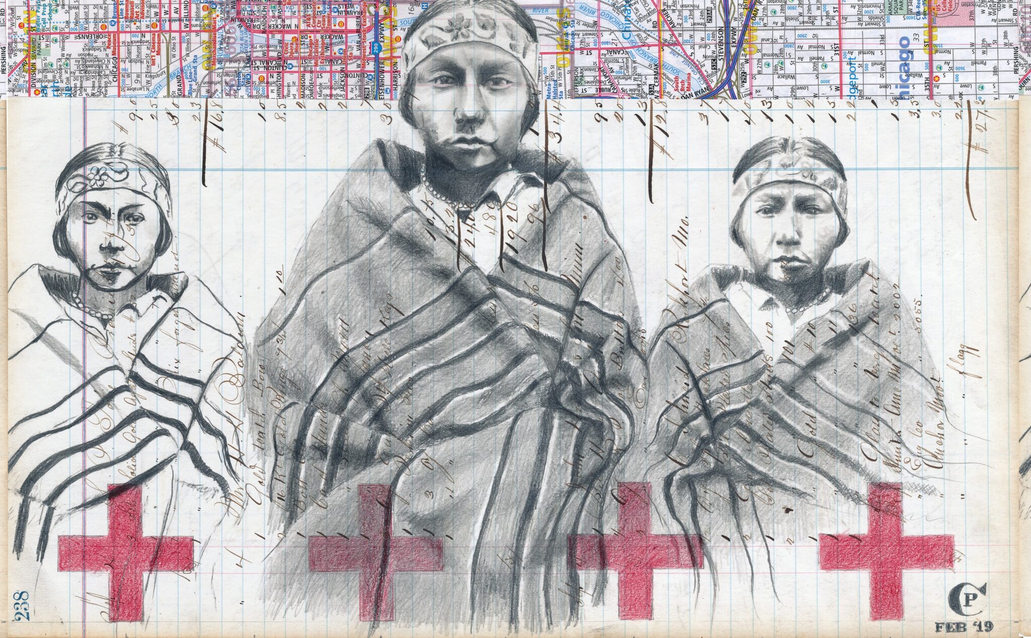 On a sideways piece of lined notebook paper with old fashioned handwritten text, a pencil drawing of three indigenous women wrapped in blankets look directly at the viewer. At the top of the page is a sliver of a Chicago street map.