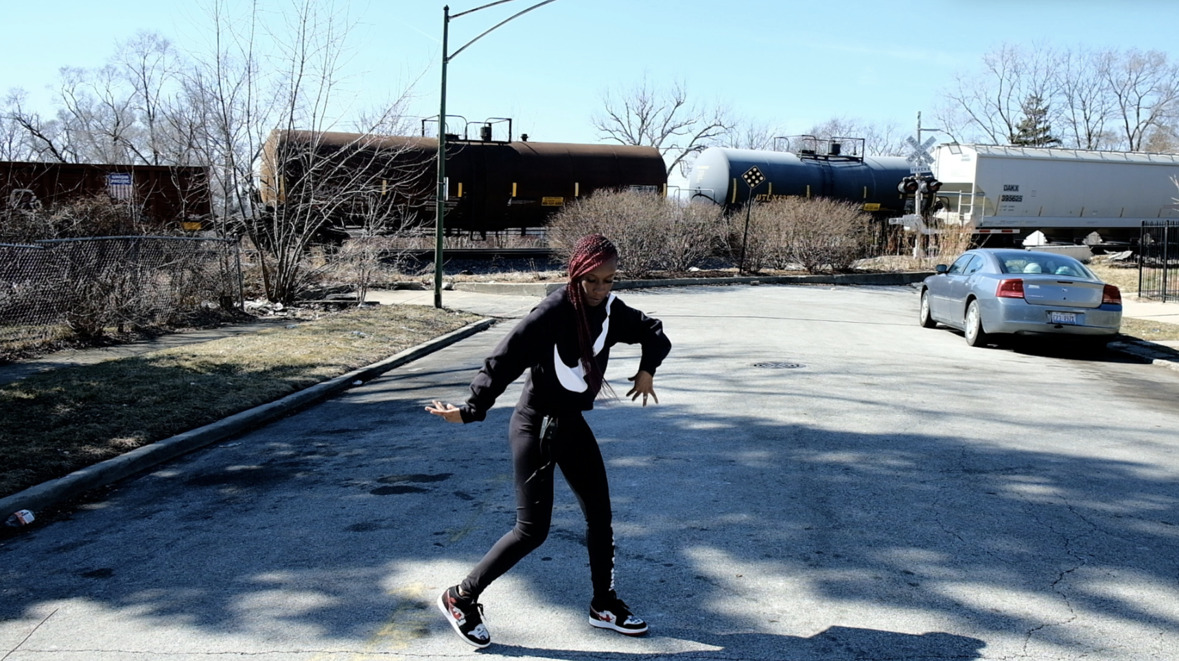 Still from _Footwork Saved My Life Film_, courtesy of ShaDawn Battle and Kameron Davis_Crystal in Front of Train