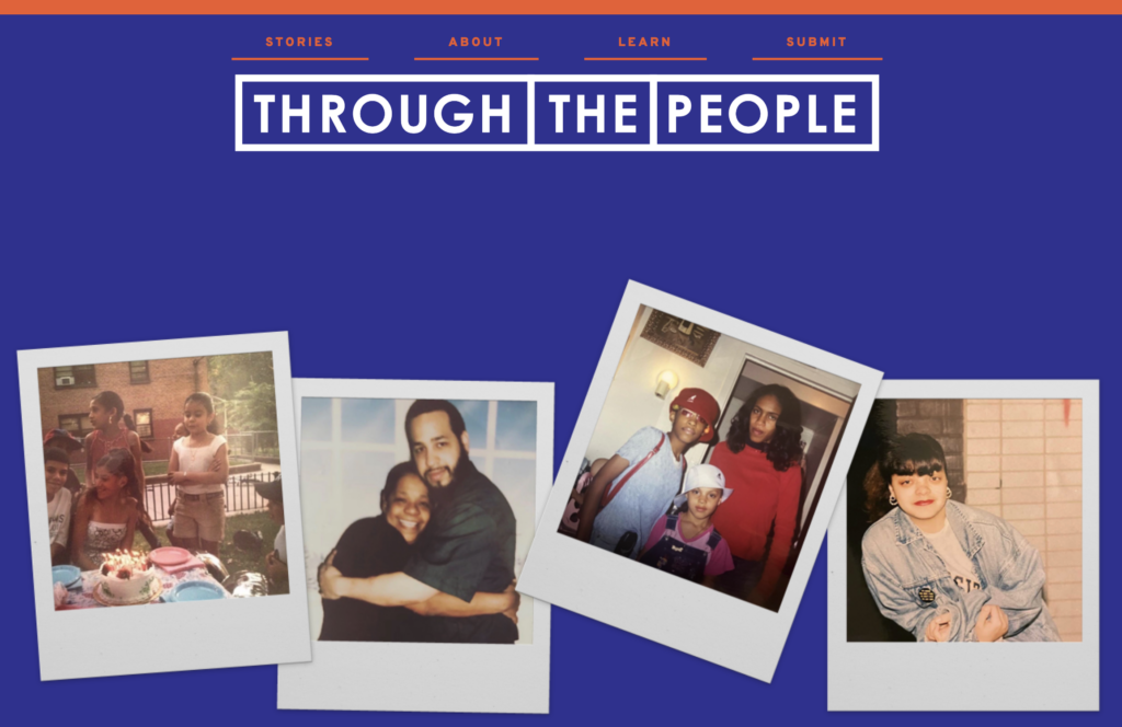 A screenshot of the "Through the People" Exhibit Website. It is a royal blue background with the title in all caps, white font. There are four polaroid frames with guest-submitted photos.