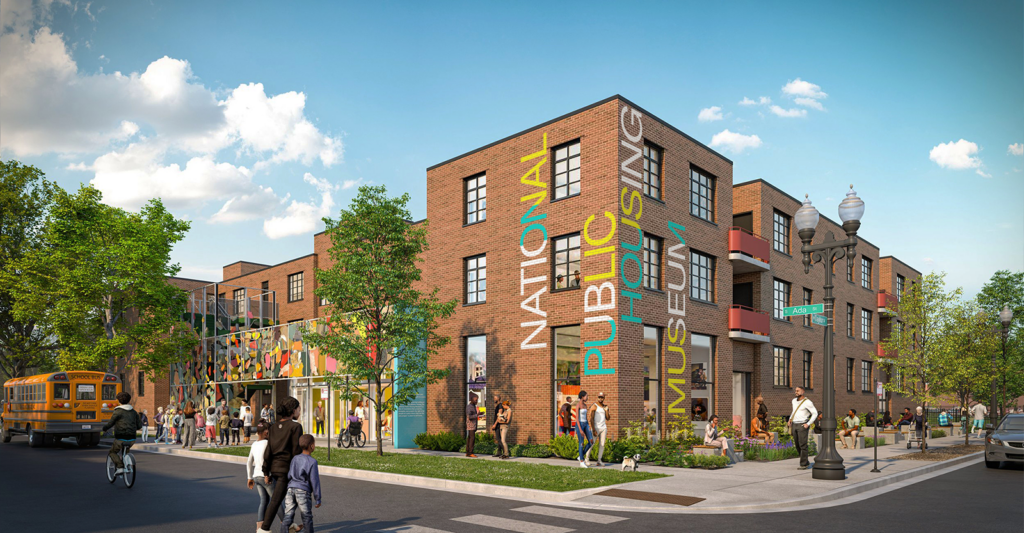 Rendering of the exterior of the new museum building, a three-story brick building with orange balconies made from historic-looking brick with “National Public Housing Museum” written on the side. A school bus is parked in front of it and people are walking on the street towards the building.