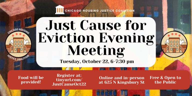 Digital poster for Just Cause for Eviction Evening Meeting