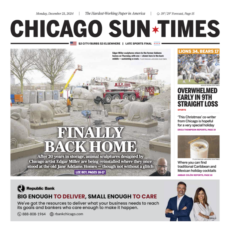 Front page of the Chicago Sun-Times with the headline Finally Back Home