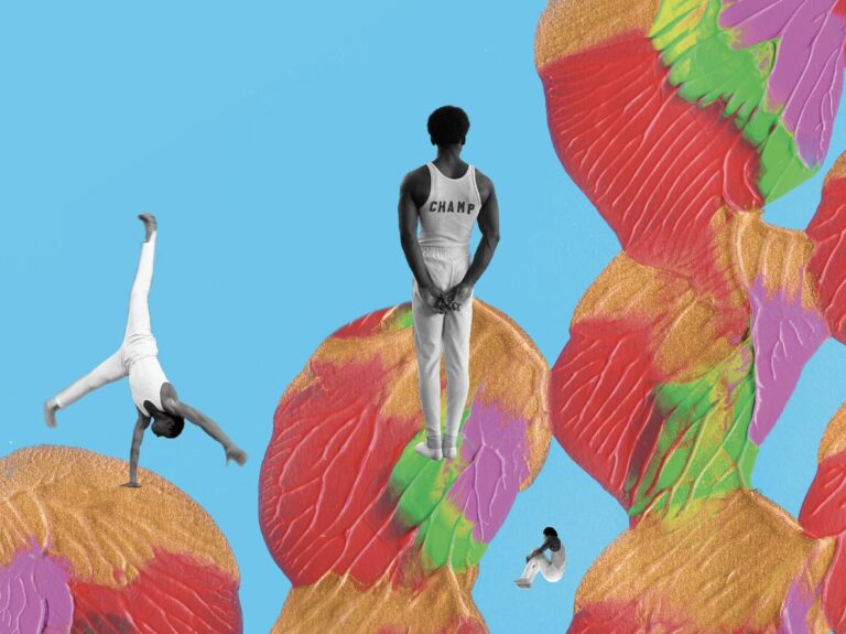 Archival photos of black gymnasts standing and tumbling are collaged onto a field of blue and a layer of repeating leaf-like daubs of gold, red, purple, and green paint.