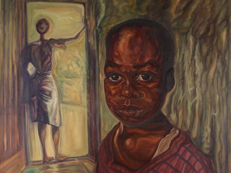 Painted portrait of a Black child and a mother figure standing in an doorway in the background