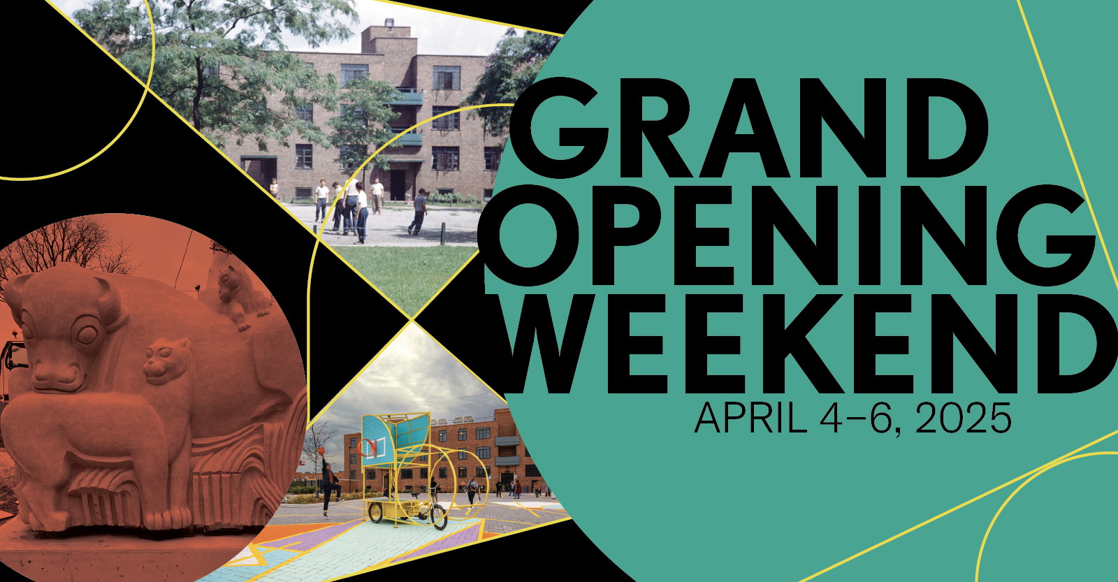 Graphic with photos of museum and yellow line work reads Grand Opening Weekend, April 4–6, 2025