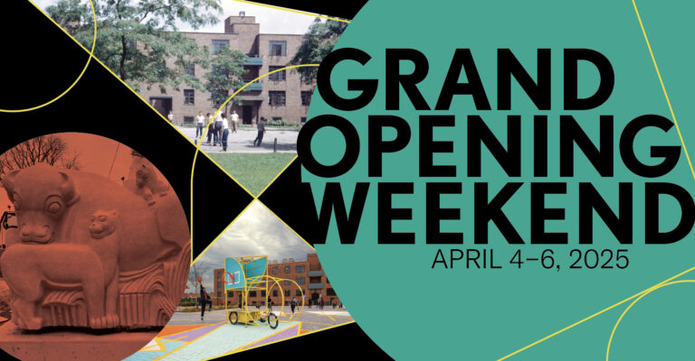 Graphic with photos of museum and yellow line work reads Grand Opening Weekend, April 4–6, 2025