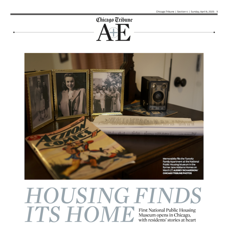 Newspaper clipping from Chicago Tribune with headline Housing Finds Its Home