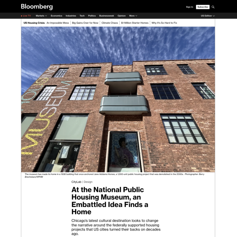 Screenshot of Bloomberg CityLab article with headline At the National Public Housing Museum, an Embattled Idea Finds a Home