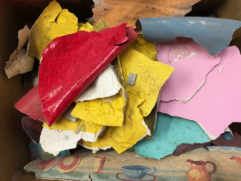 A close up of several paint chips of different colors—red, yellow, blue, orange—stacked on top of each other.