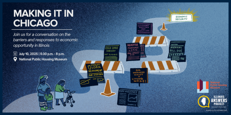Digital promo for Making it In Chicago with an illustration of barriers along a path with a destination labeled economic security