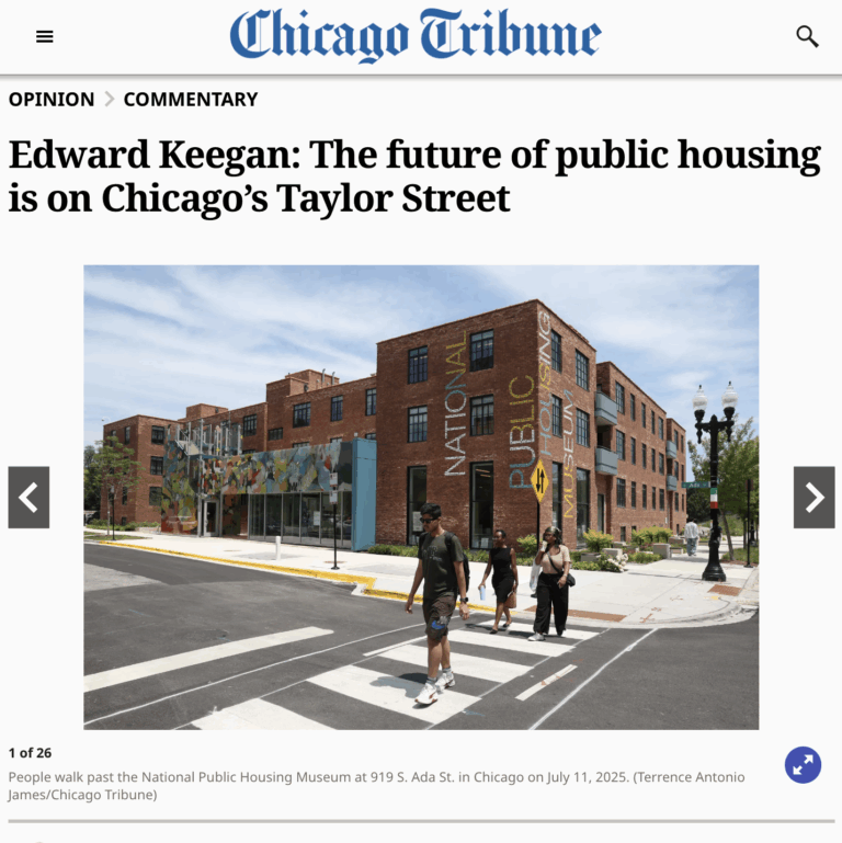 Digital clipping of a Chicago Tribune story with the headline The future of public housing is on Chicago’s Taylor Street