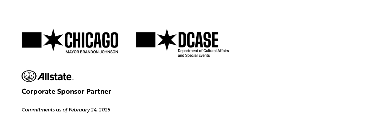 Sponsor logos for city of Chicago, DCASE, and Allstate