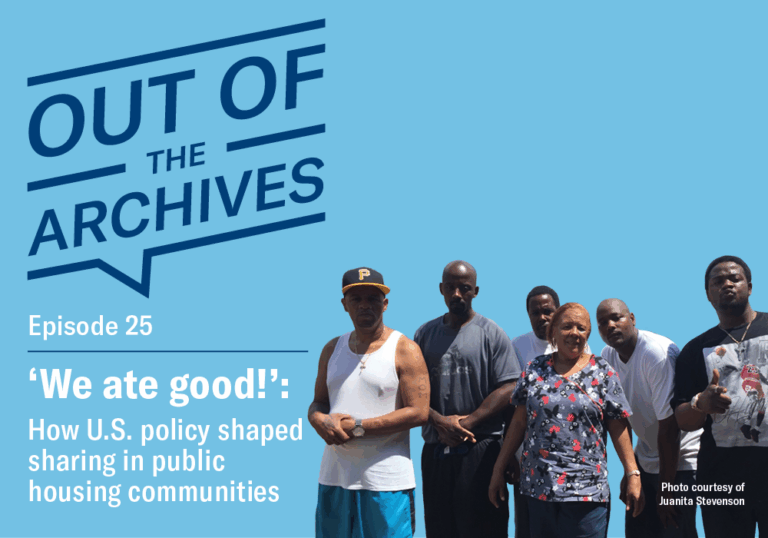 Promo for episode 25 of Out of the Archives, with title 'We at good!' and a photo of a family posed against a blue background