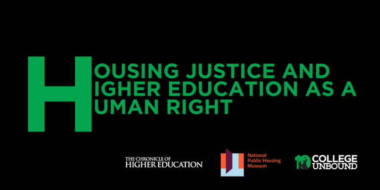 Promo banner reads Housing Justice and Higher Education as aa Human Right