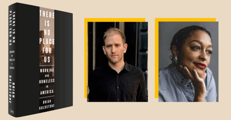 Book cover for the There is No Place for Us collaged together with a portraits of the author and panelist