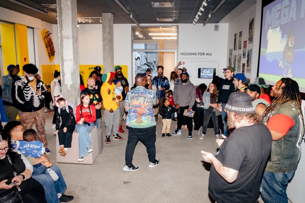 A performer surrounded by the audience