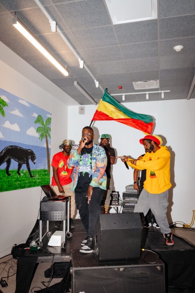 A rapper performs on a small stage with a green, yellow, and red flag