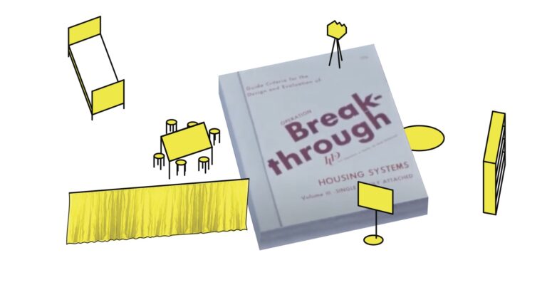 Digital sketch of yellow furniture arranged around a book with the title Break-through
