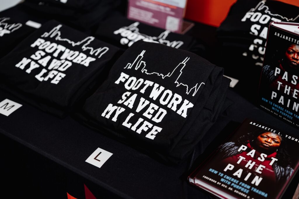Footwork Saved My Life t-shirts and the book Past the Pain by Anjanette L Young