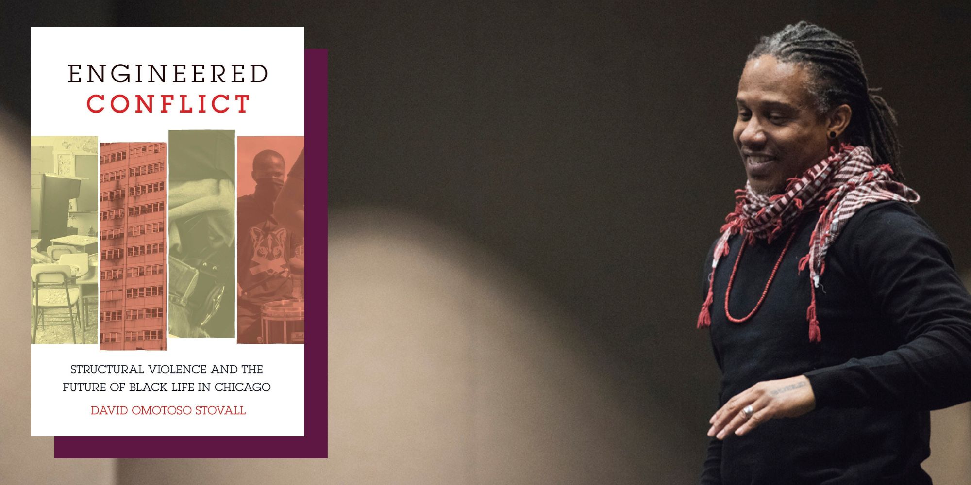 Portrait of David Stovall with book cover for Engineered Conflict