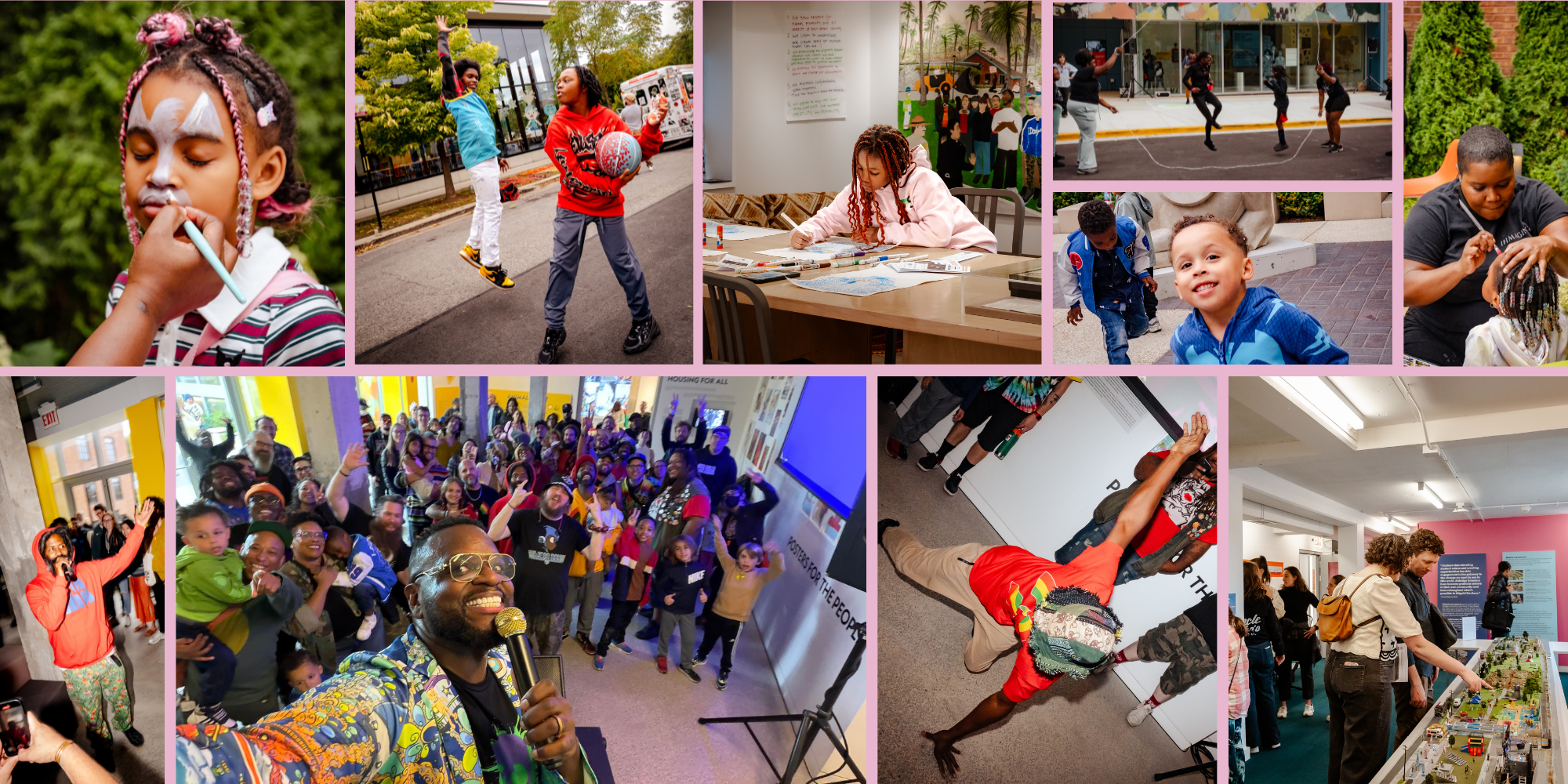 A collage of photos of family activities and performances