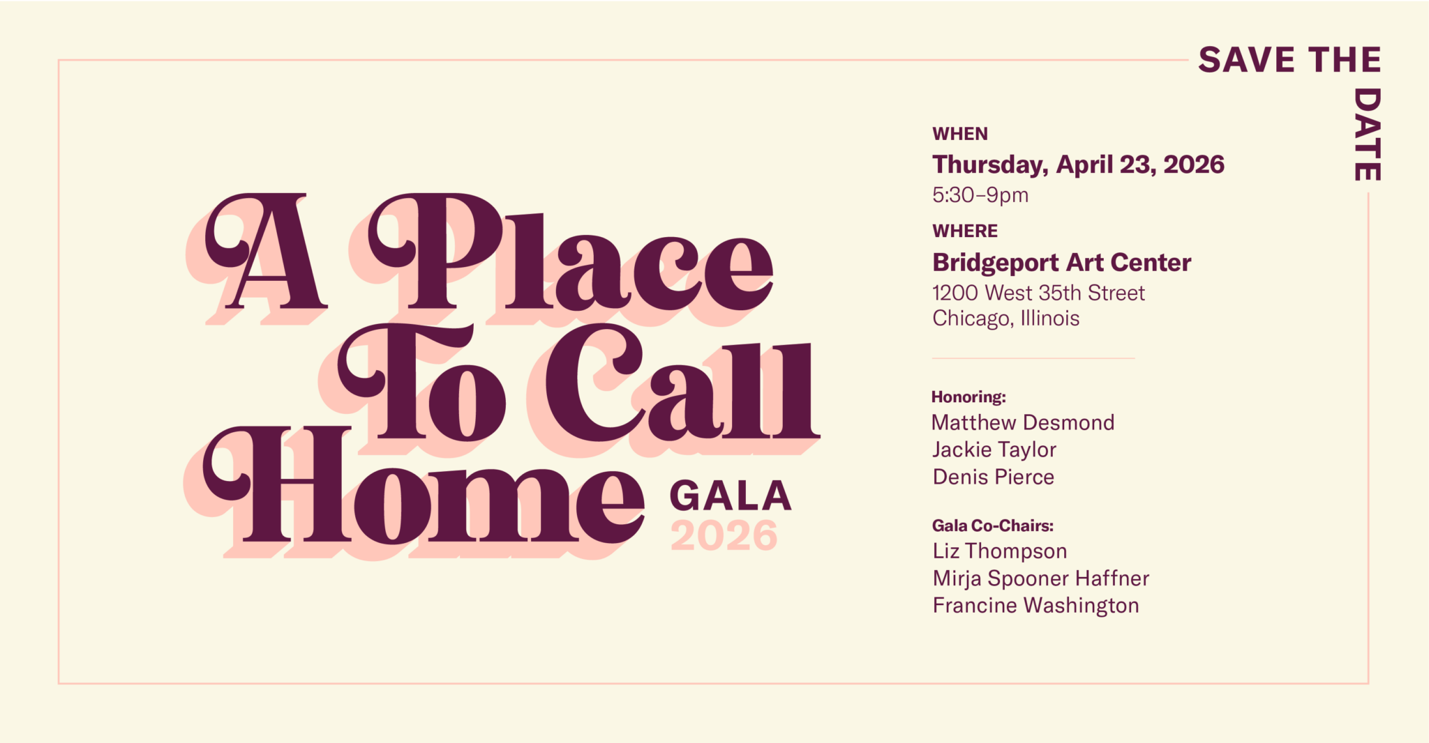 Save the date banner for A Place to Call Home gala 2026