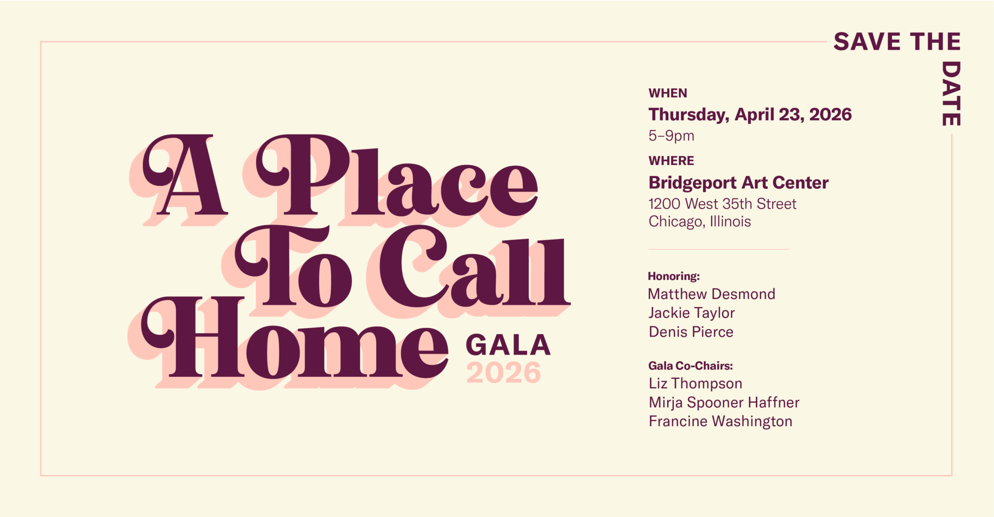 Save the date banner for A Place to Call Home gala 2026