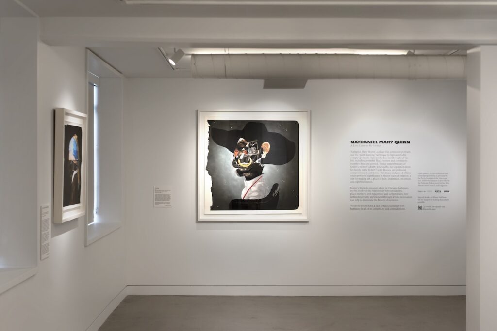 View of multiple portraits in a museum with the text Nathaniel Mary Quinn A Love Letter to My Mother legible on the wall