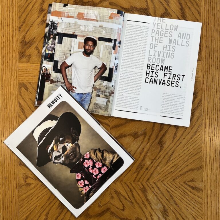 Magazine spread out on a wood tabletop