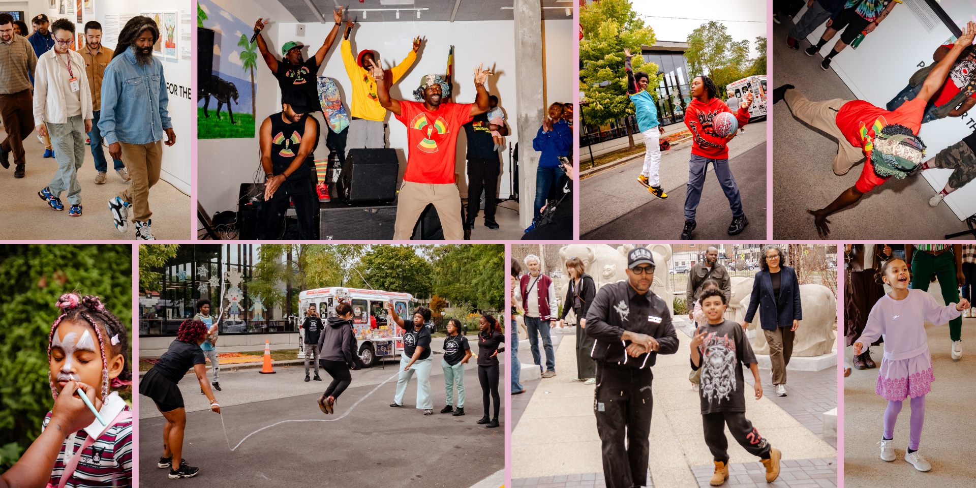 Collage of people playing games, dancing, face painting, and performing hip-hop