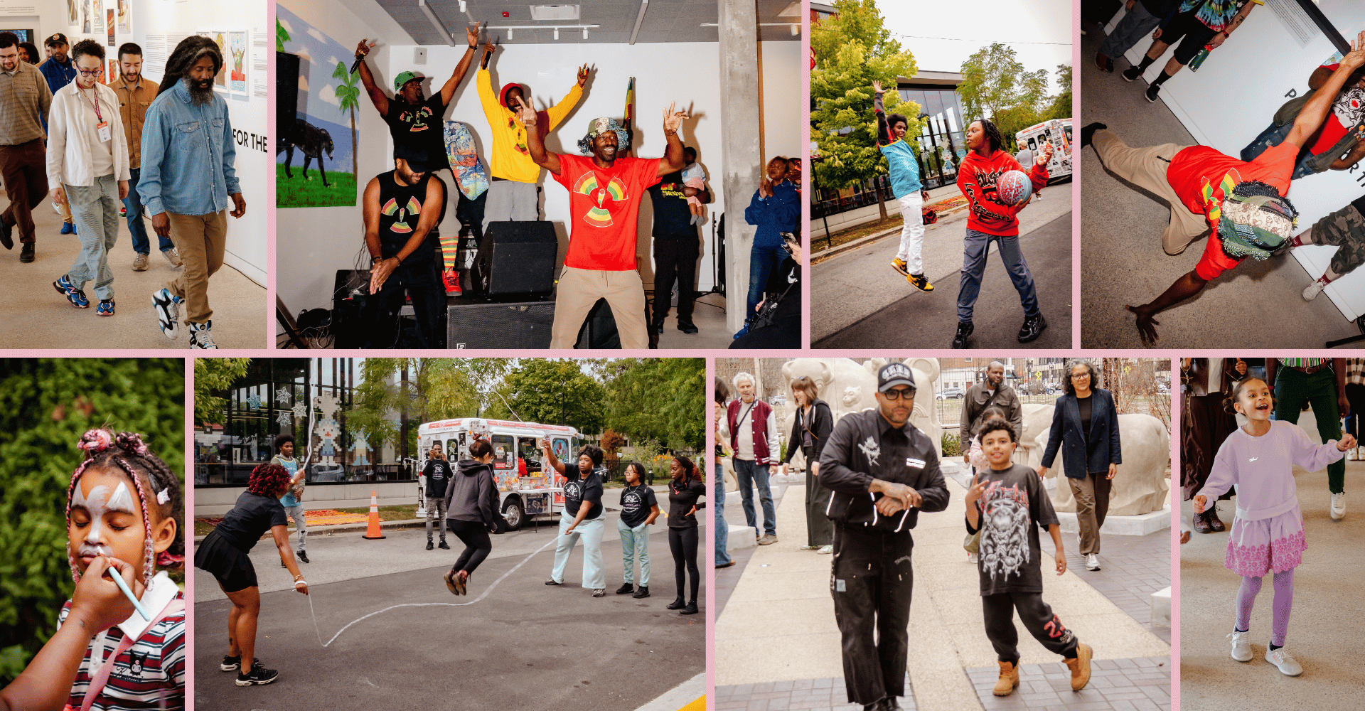 Collage of people playing games, dancing, face painting, and performing hip-hop