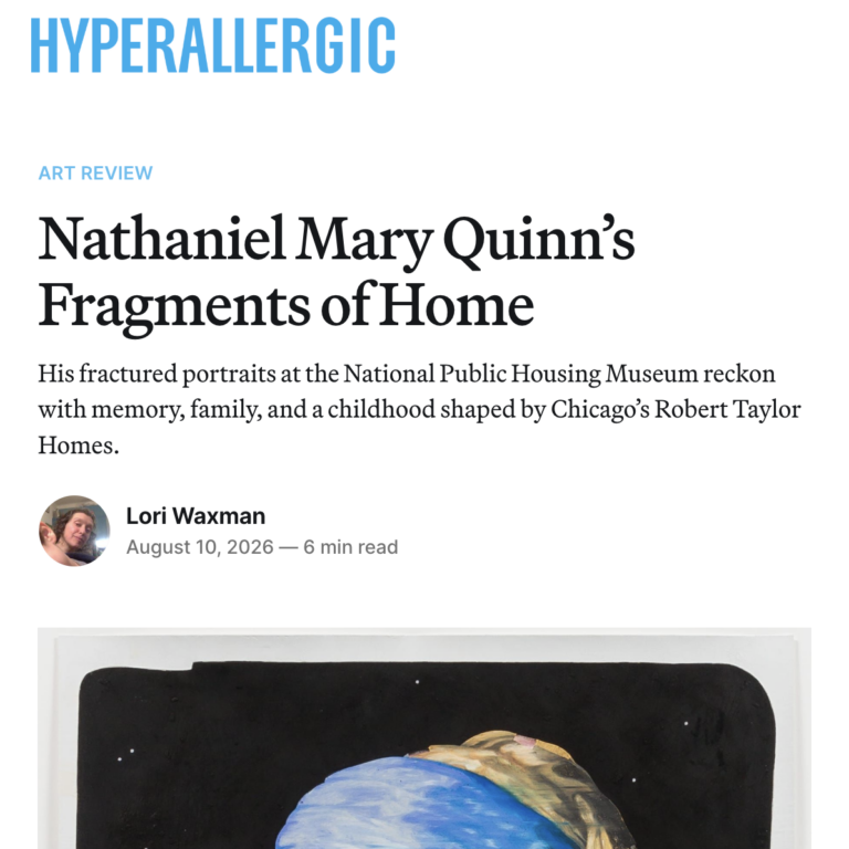 Clipping of Hyperallergic article with the headline Nathaniel Mary Quinn’s Fragments of Home