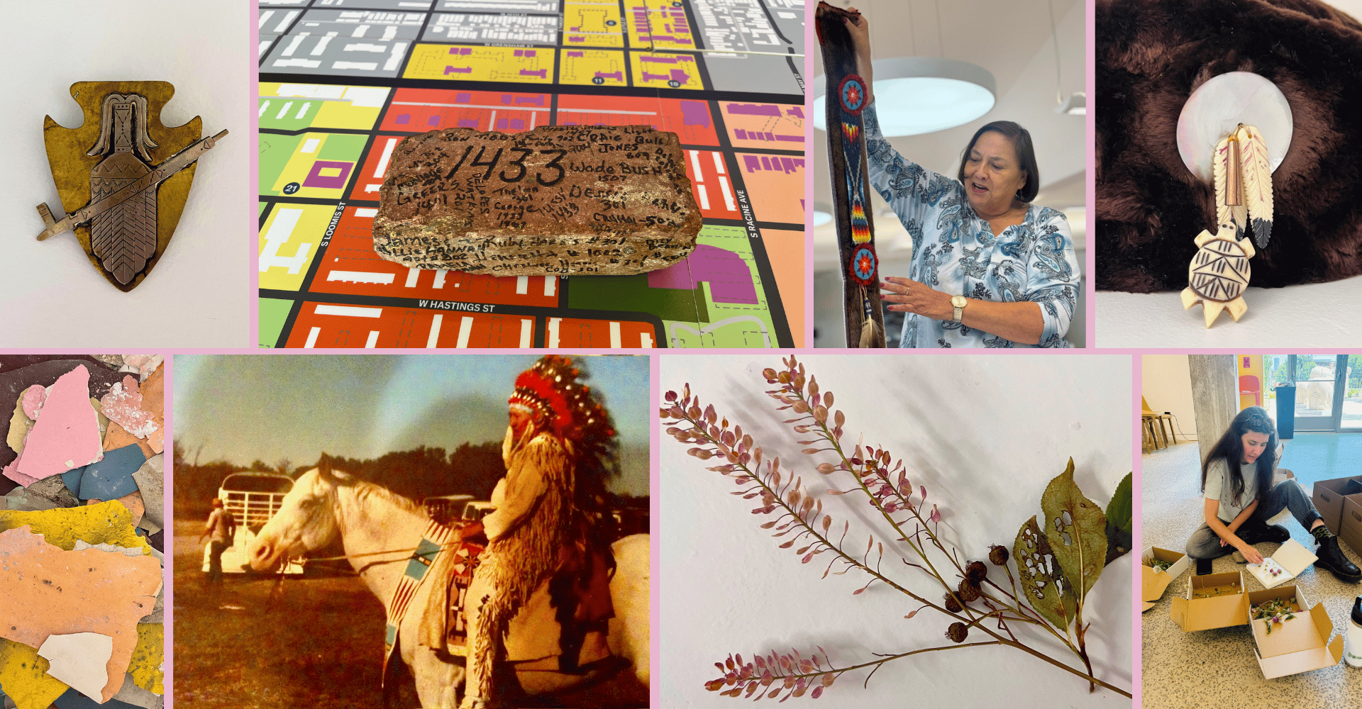 Collage of artifacts, paint chips, flowers, photos of workshops, and a vintage photo of man on horseback in dance regalia.