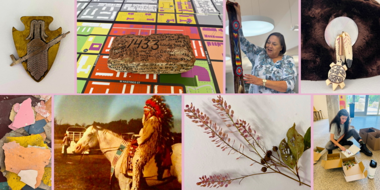 Collage of artifacts, paint chips, flowers, photos of workshops, and a vintage photo of man on horseback in dance regalia.