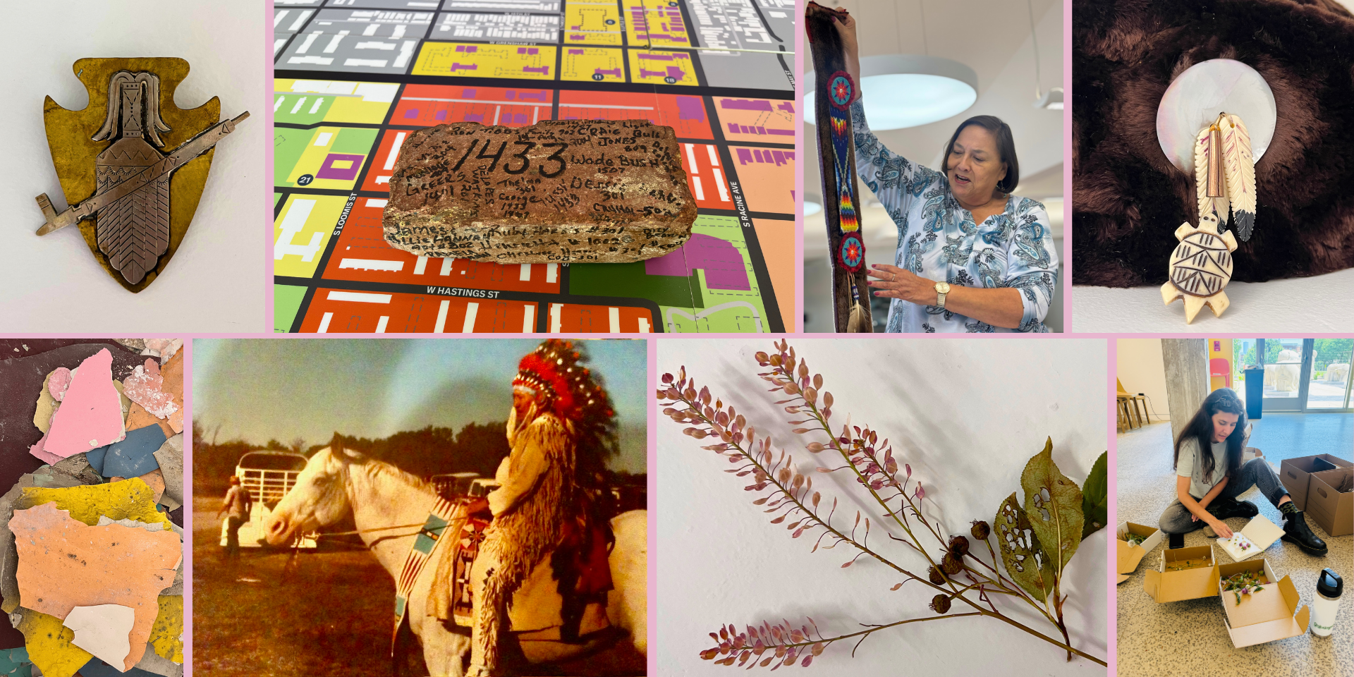 Collage of artifacts, paint chips, flowers, photos of workshops, and a vintage photo of man on horseback in dance regalia.
