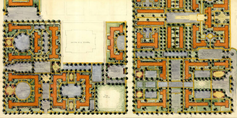 Detail of an landscape plan showing trees and green spaces as part of a housing complex