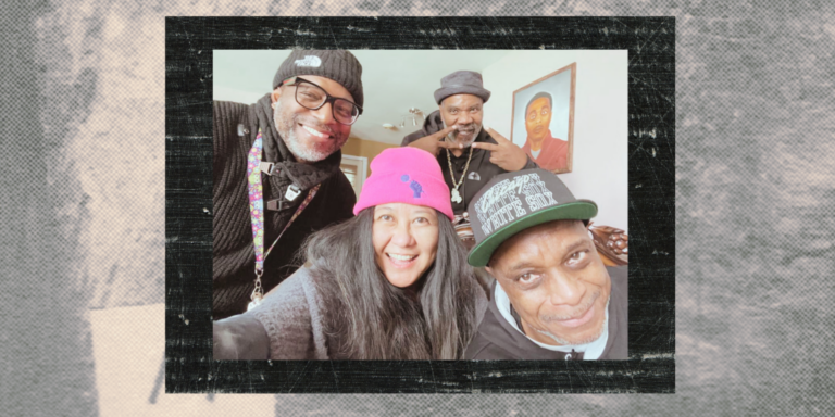 A group selfie set against a gray and black frame