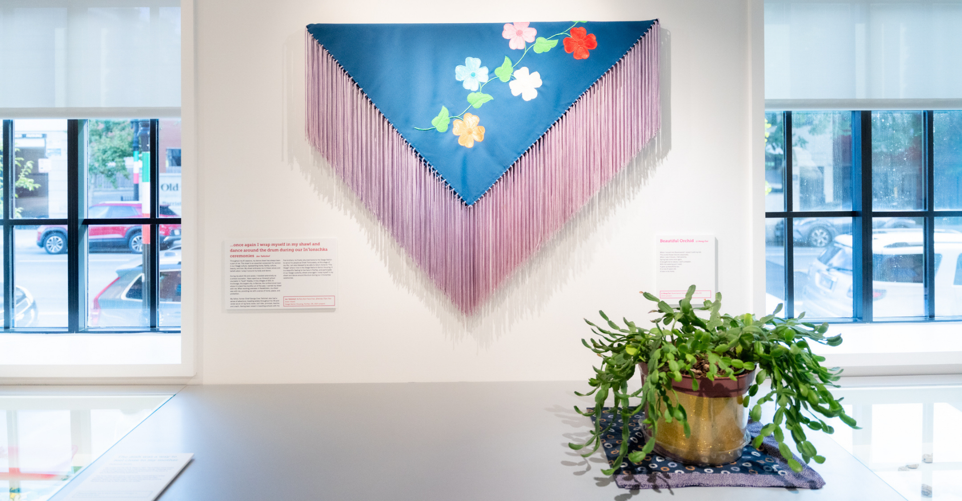 A blue shawl with long fringes and a floral design is displayed on a museum wall.